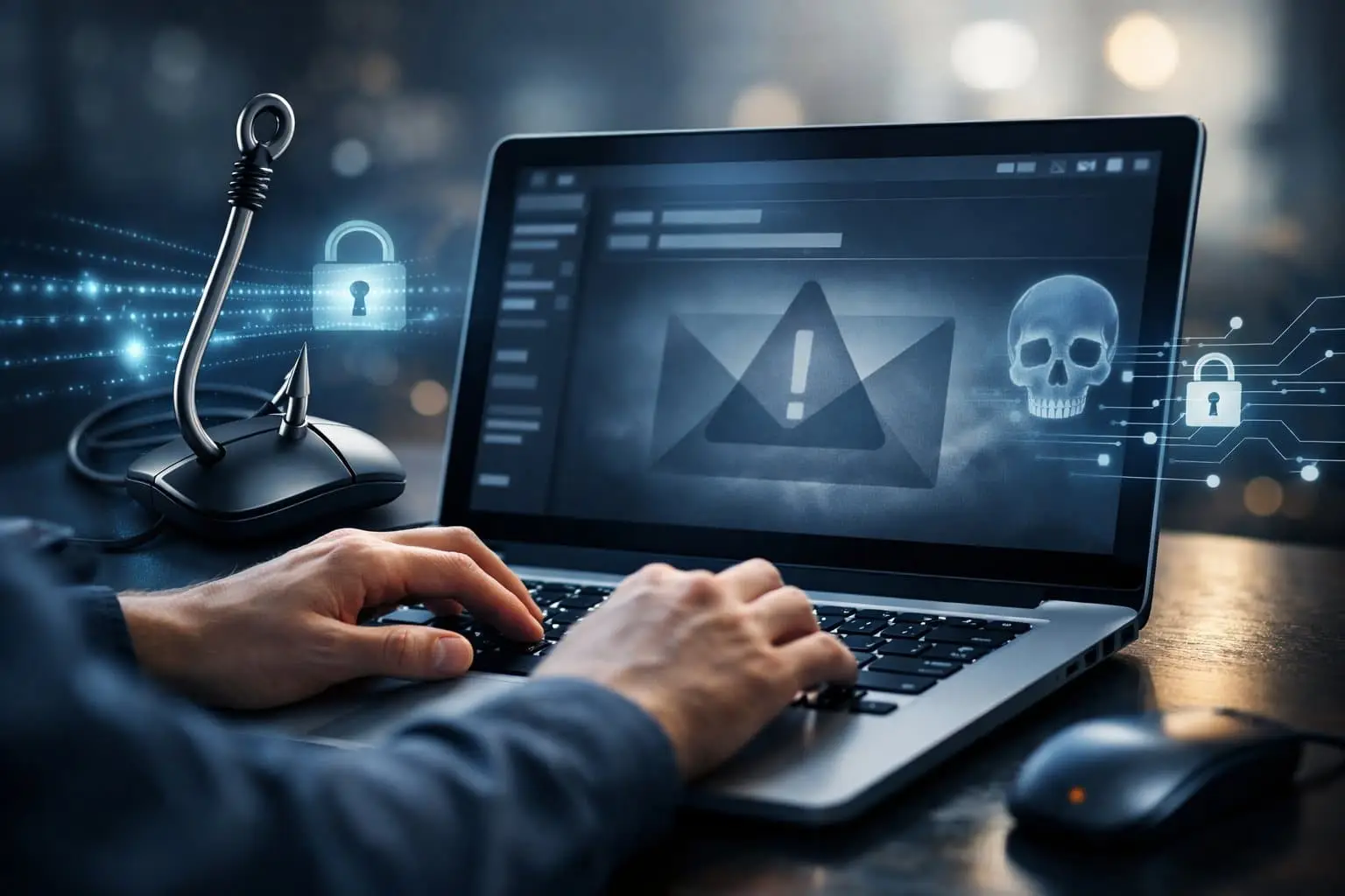 Een persoon die achter een laptop werkt met een verdachte e-mail op het scherm en digitale beveiligingssymbolen eromheen.