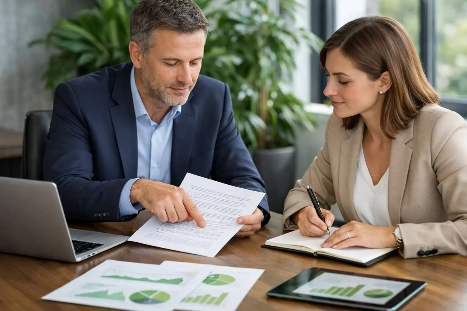 Twee zakelijke professionals bespreken een contract aan een tafel met documenten en een laptop in een kantoor met planten en natuurlijk licht.