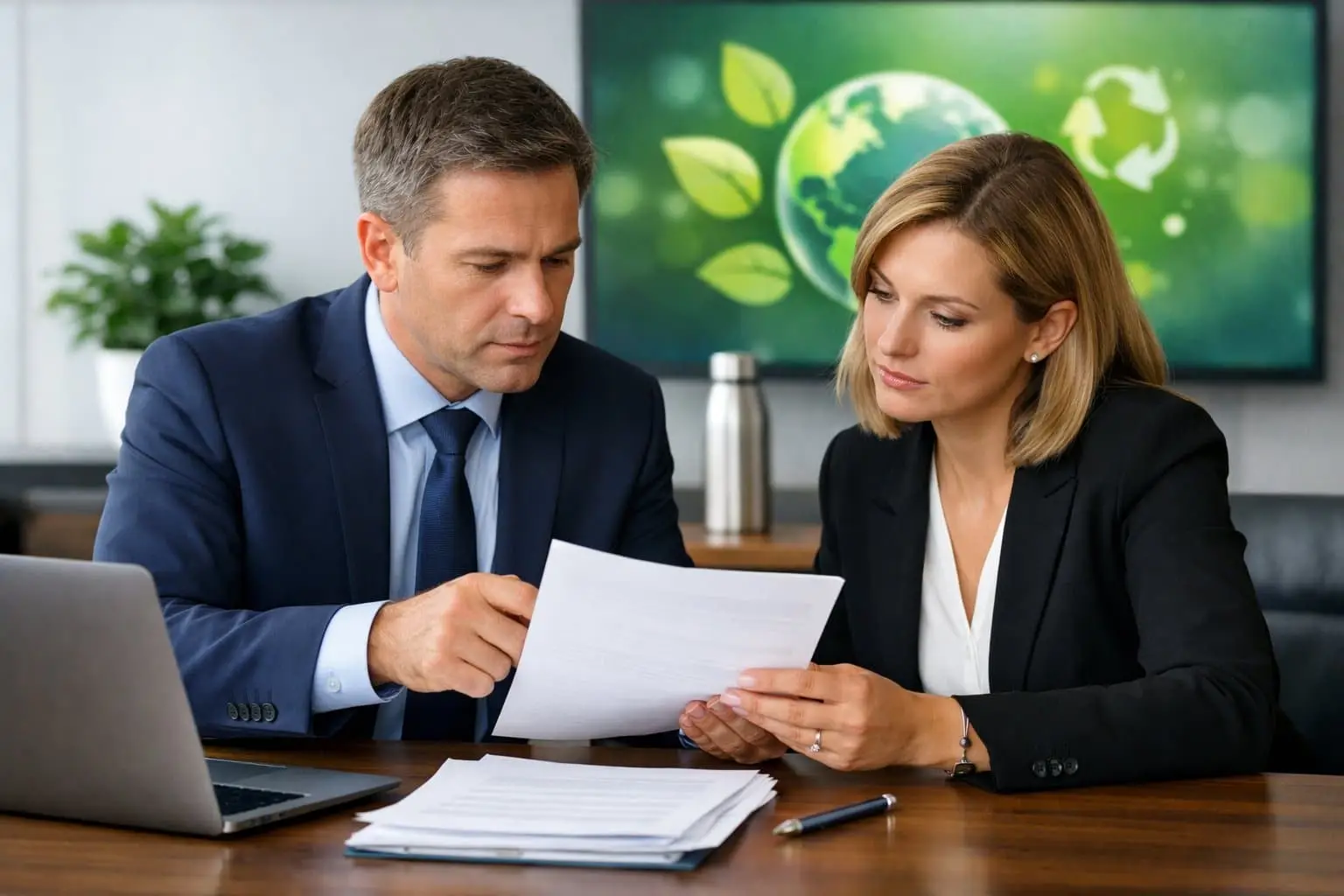 Twee zakelijke professionals bespreken een contract in een moderne kantooromgeving met duurzame elementen op de achtergrond.