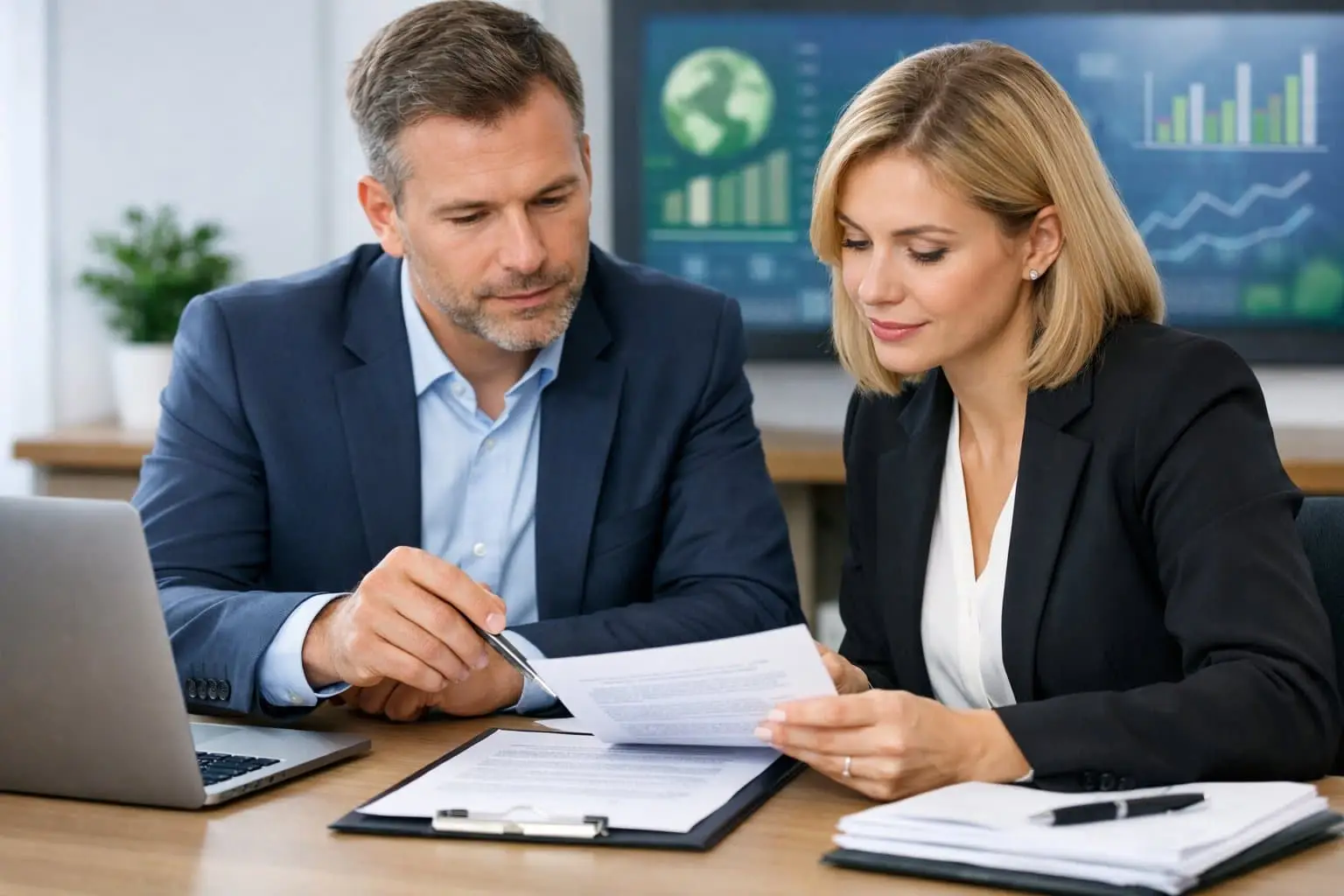 Twee zakelijke professionals bespreken een contract aan een bureau in een kantooromgeving met een plant en schermen op de achtergrond.
