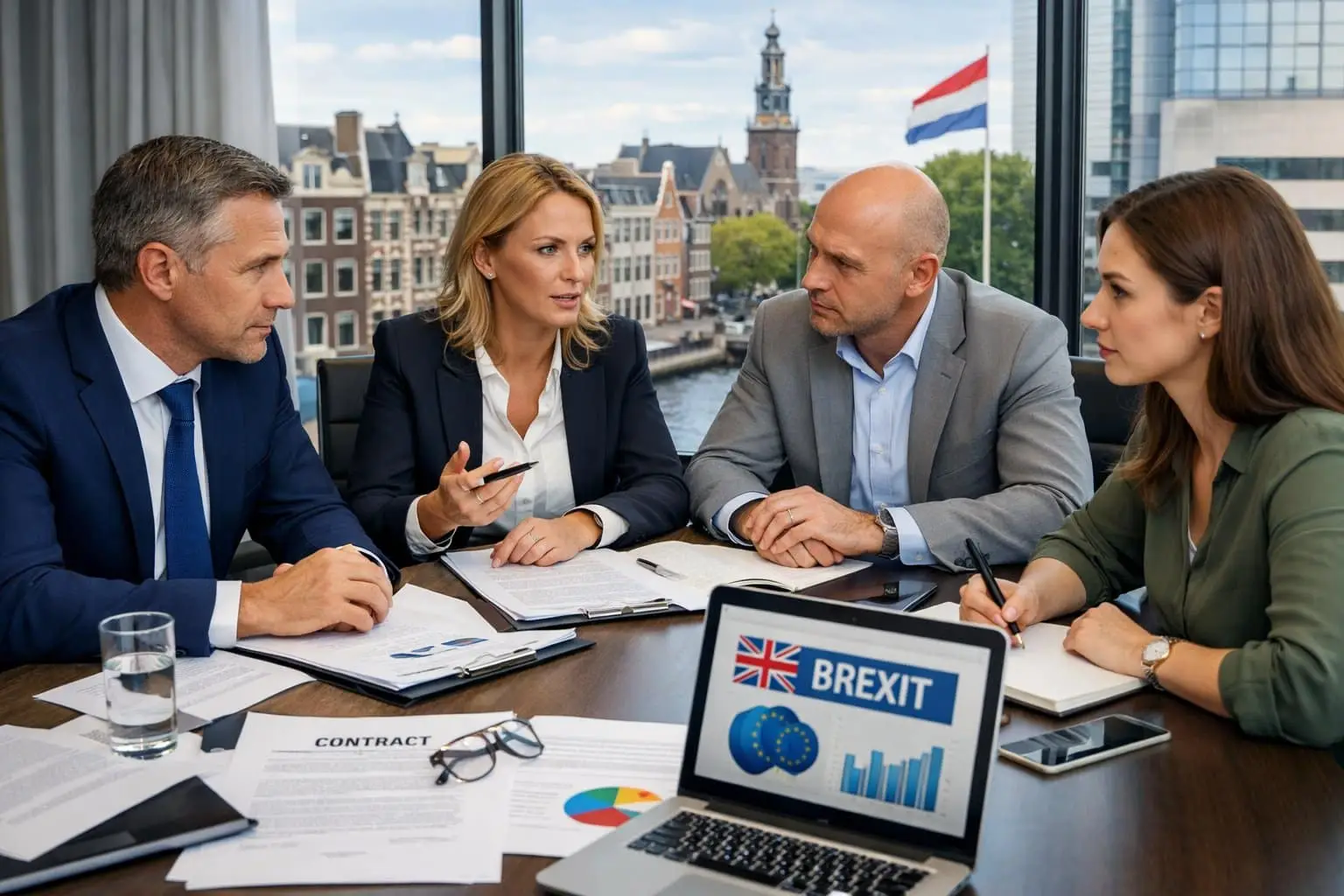 Een groep Nederlandse ondernemers bespreekt juridische documenten in een kantoor met uitzicht op een stad.
