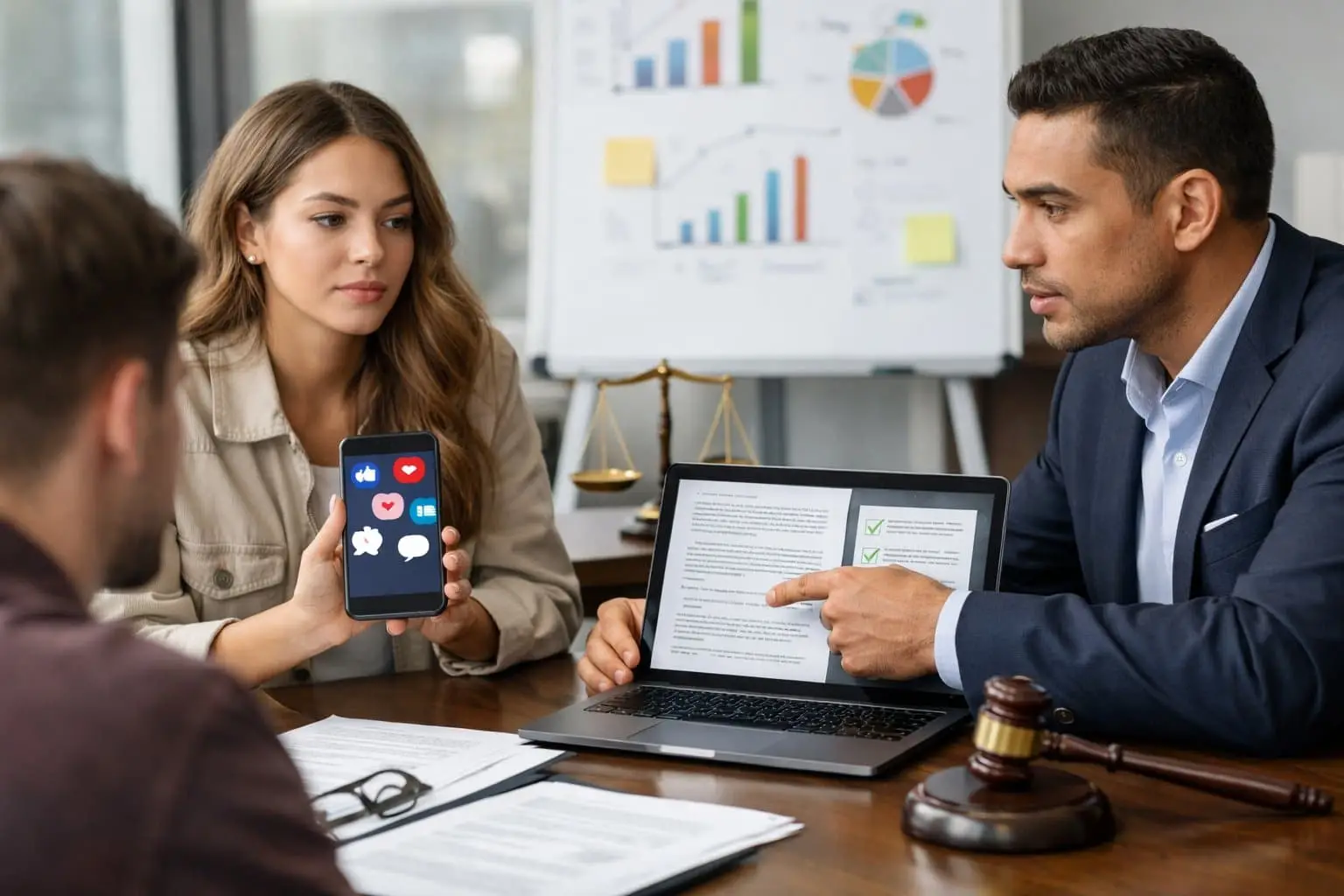 Een groep jonge professionals bespreekt juridische aspecten van influencer marketing in een kantooromgeving.