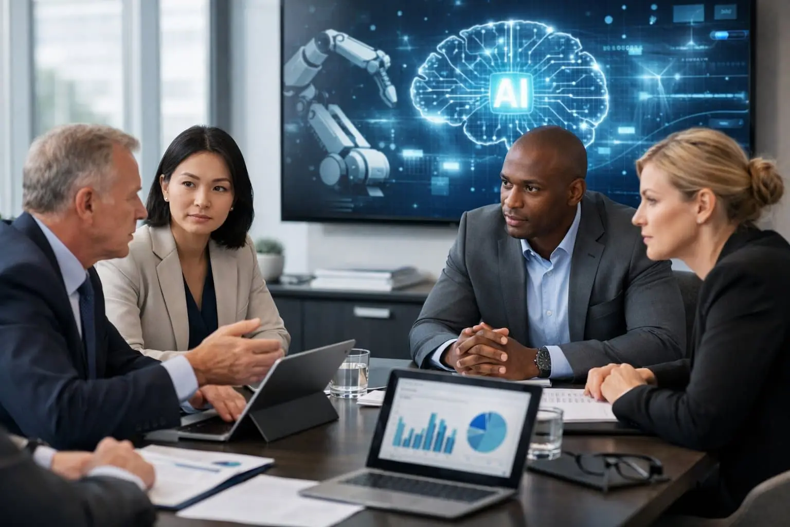 Een groep zakelijke professionals bespreekt belangrijke informatie in een moderne kantoorruimte met digitale apparaten en een scherm met futuristische AI-graphics.