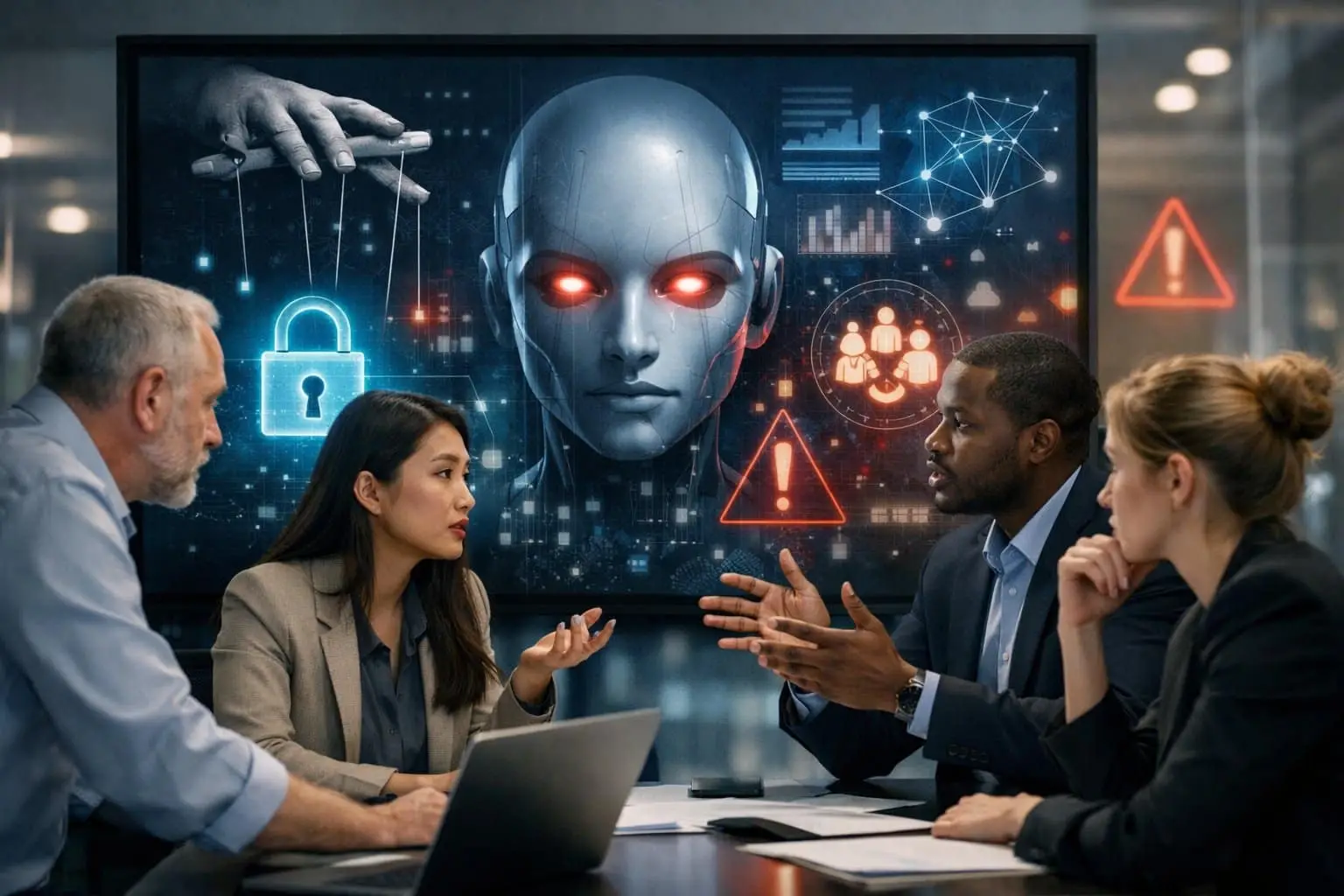 Een diverse groep mensen in een modern kantoor bespreekt serieus gegevens op een groot digitaal scherm, met symbolen die beperkingen en ethische grenzen van AI aangeven.