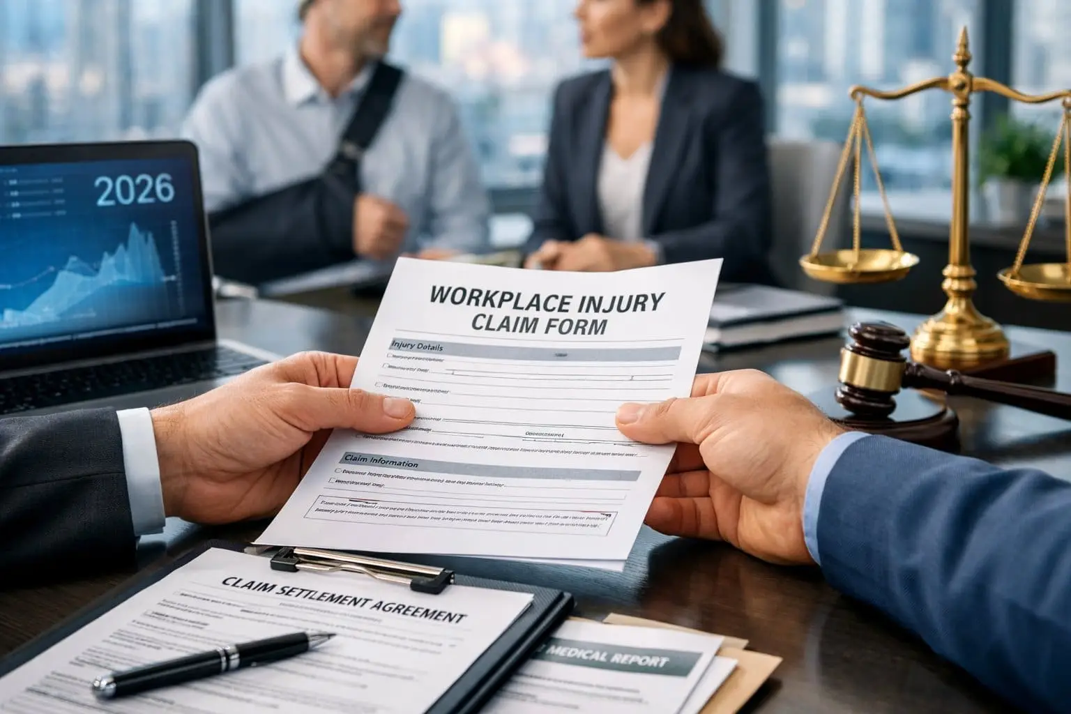 Hoe claim ik schadevergoeding na een bedrijfsongeval in 2026? Stappen, rechten en tips 1 Een kantoor waar professionals documenten bespreken over een bedrijfsongeval.