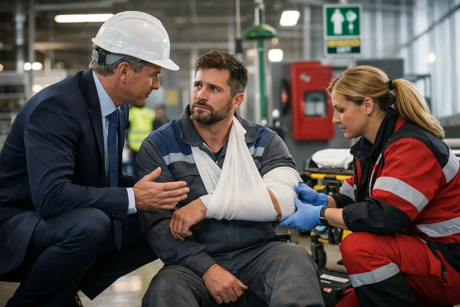 Hoe claim ik schadevergoeding na een bedrijfsongeval in 2026? Stappen, rechten en tips 3 Een werkgever spreekt bezorgd met een gewonde werknemer die eerste hulp krijgt in een moderne werkomgeving.