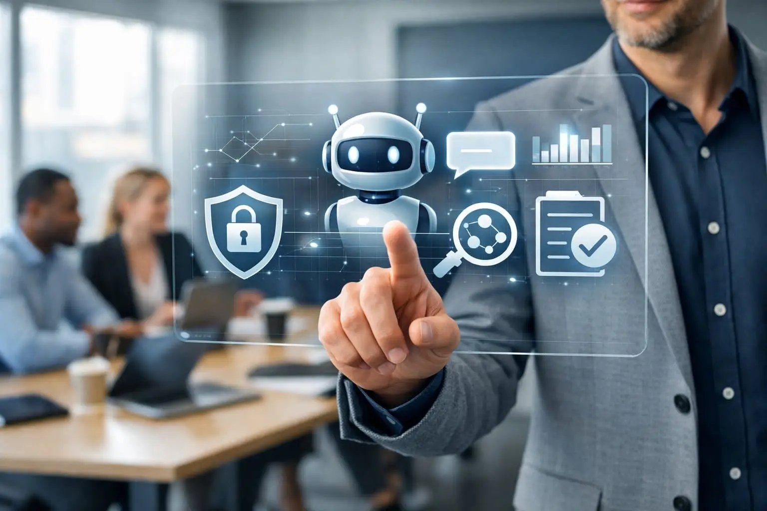 Een zakelijk persoon die interactie heeft met een futuristisch chatbot-scherm in een moderne kantooromgeving, terwijl collega's samenwerken aan een tafel op de achtergrond.