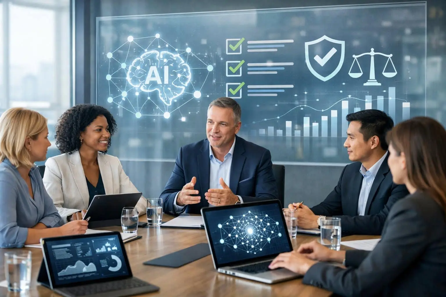 Een groep zakelijke professionals zit rond een vergadertafel met laptops en digitale schermen die AI-gegevens tonen, in een moderne kantoorruimte.
