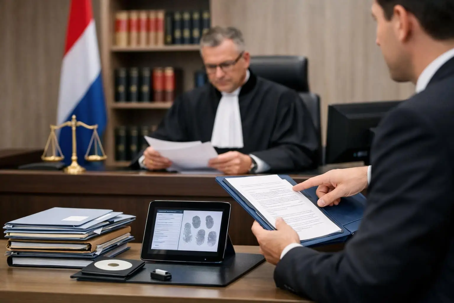 Een rechter en een advocaat in een Nederlandse rechtszaal waarbij de advocaat bewijsstukken presenteert aan de rechter.