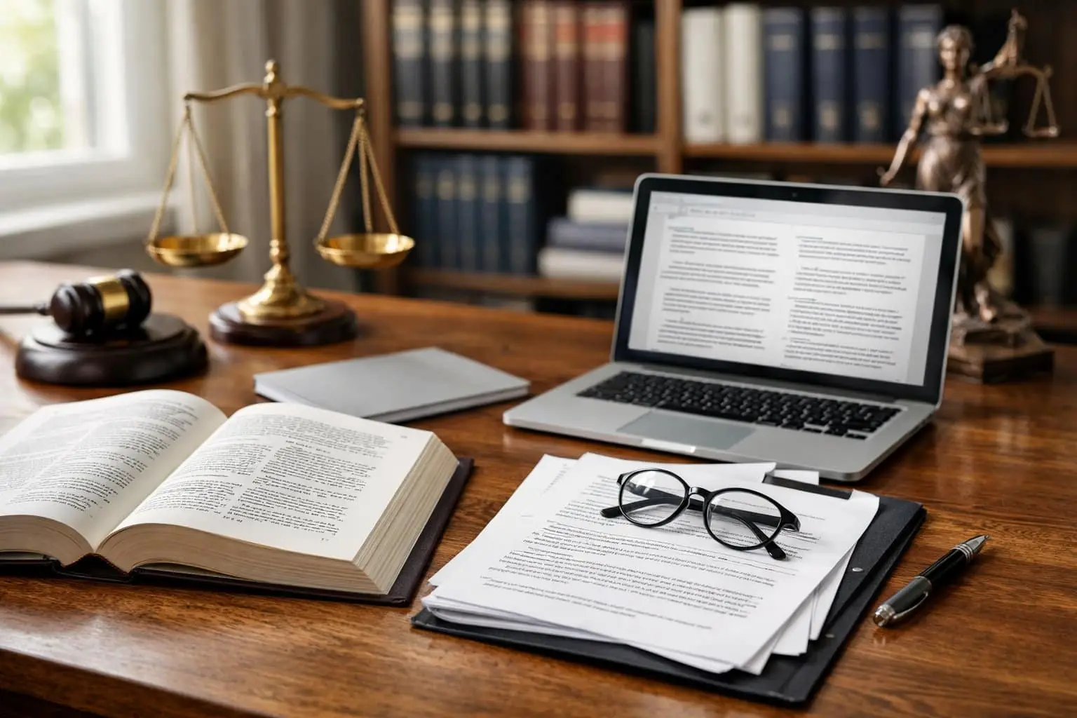 Een kantoor met een bureau met open juridische boeken, een laptop en een boekenplank met wetboeken op de achtergrond.