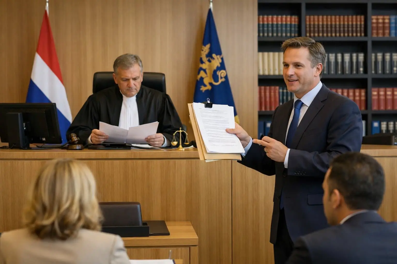 Een rechter en een advocaat in een moderne Nederlandse rechtszaal met juridische documenten.