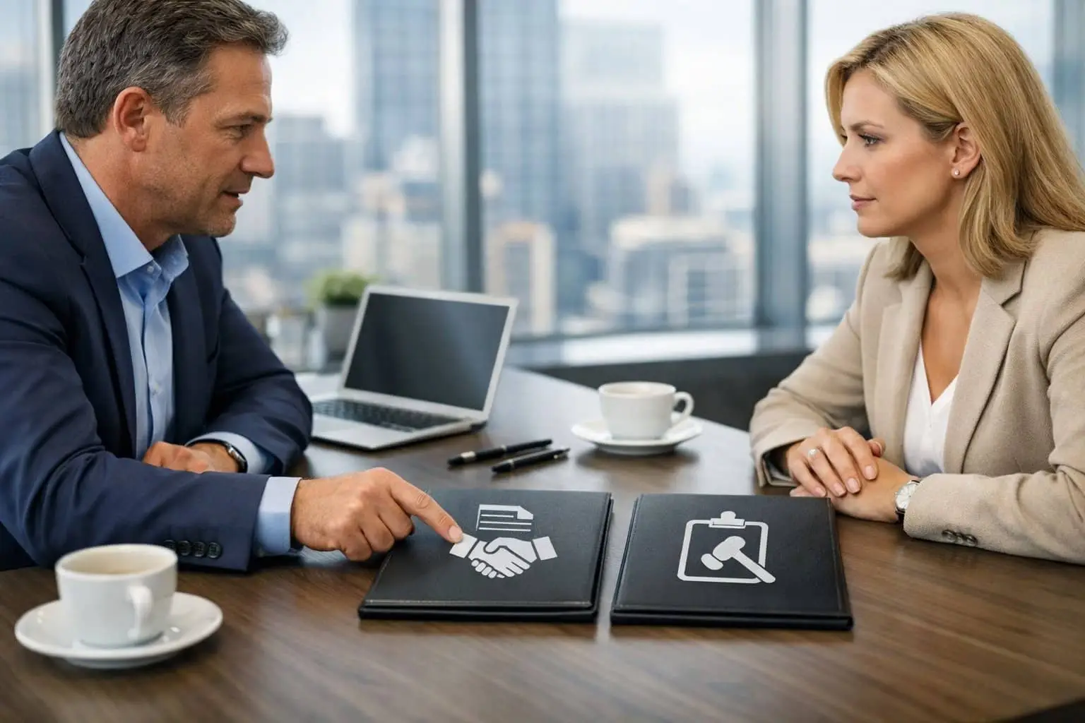 Vaststellingsovereenkomst vs. Ontslag via het UWV: Voor- en Nadelen 1 Twee zakelijke professionals zitten aan een tafel in een kantoor en bespreken documenten over arbeidsbeƫindiging.