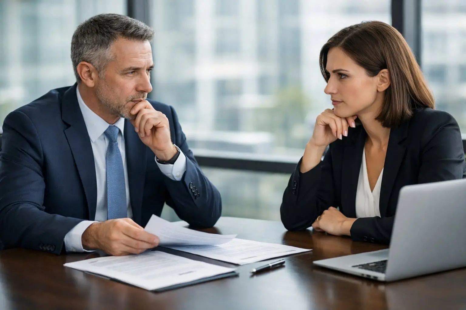 Vaststellingsovereenkomst vs. Ontslag via het UWV: Voor- en Nadelen 2 Twee zakelijke personen zitten aan een tafel in een kantoor en bespreken documenten tijdens een formeel gesprek.