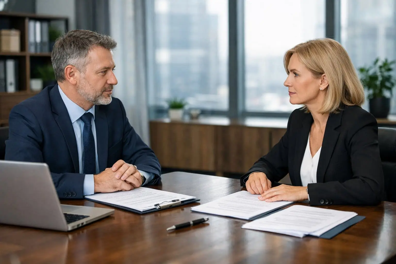 Vaststellingsovereenkomst vs. Ontslag via het UWV: Voor- en Nadelen 3 Twee zakelijke personen voeren een serieus gesprek aan een tafel in een kantooromgeving.