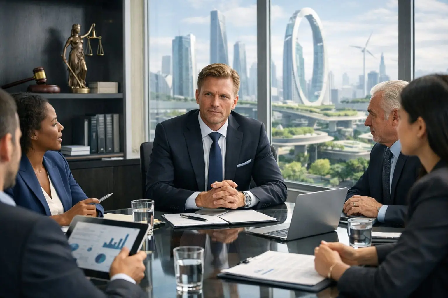 Bestuurdersaansprakelijkheid in 2026: wanneer bent u privé aansprakelijk als directeur van een BV? 1 Een zakelijke vergadering in een modern kantoor met een directeur en collega's die discussiëren aan een vergadertafel, met een stadsgezicht op de achtergrond.