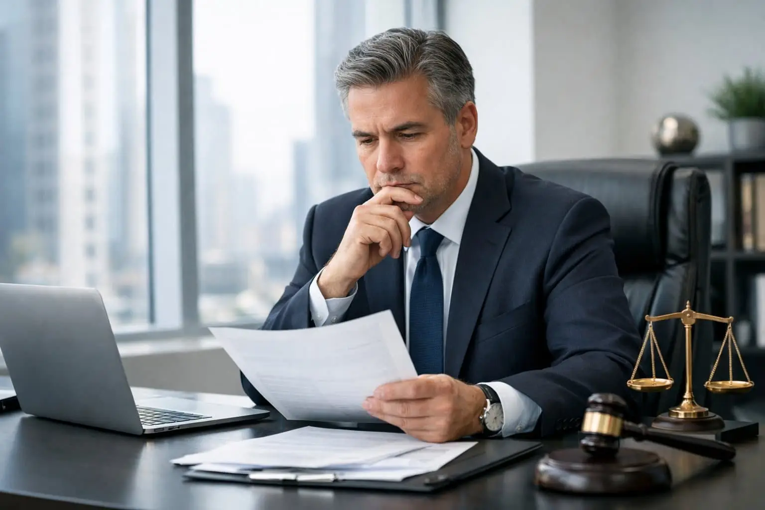 Bestuurdersaansprakelijkheid in 2026: wanneer bent u privé aansprakelijk als directeur van een BV? 2 Een zakelijke professional die in een modern kantoor documenten bekijkt aan een bureau.