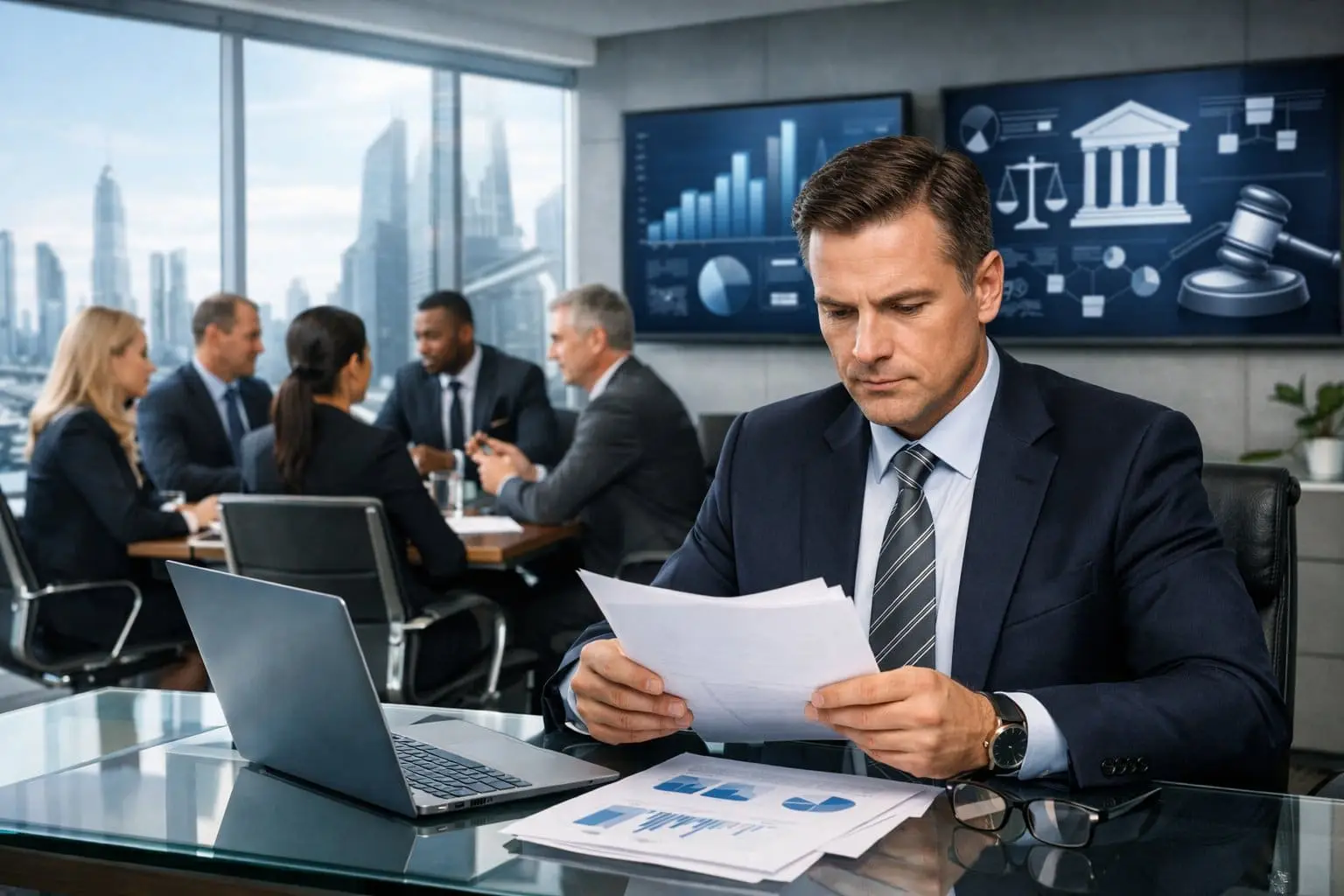 Bestuurdersaansprakelijkheid in 2026: wanneer bent u privé aansprakelijk als directeur van een BV? 3 Een zakelijke directeur bekijkt documenten aan een bureau terwijl een groep professionals overlegt in een modern kantoor.