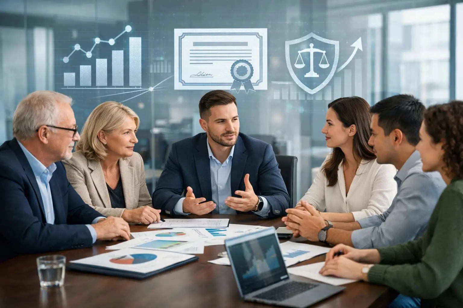 Een groep familieleden en professionals in een vergaderruimte die een zakelijke bespreking voeren over certificering en aandelen in een familiebedrijf.
