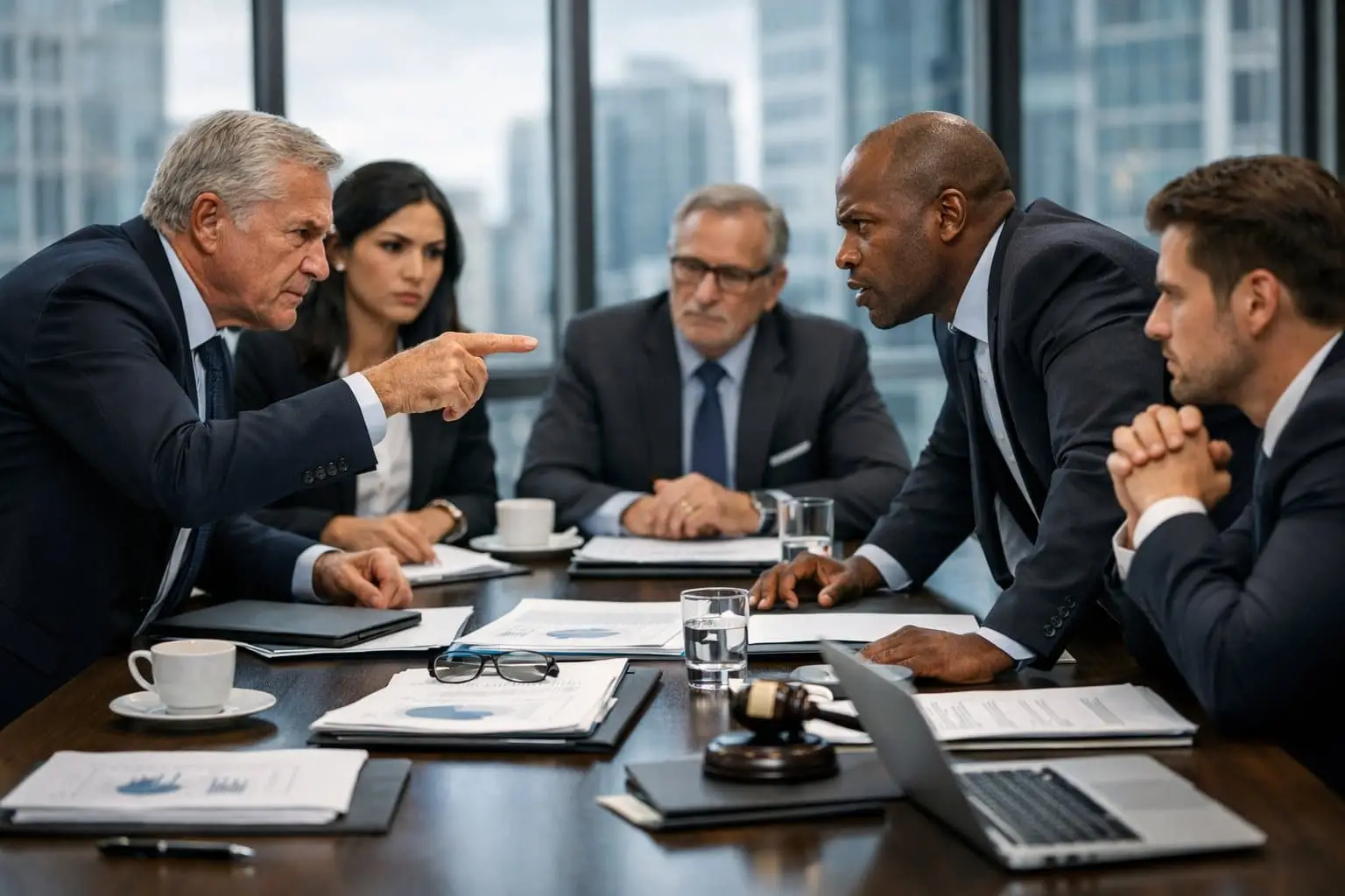 Conflict tussen aandeelhouders: stappenplan van waarschuwing tot Ondernemingskamer 2 Zakelijke bijeenkomst met diverse professionals die een serieus gesprek voeren in een modern kantoor.