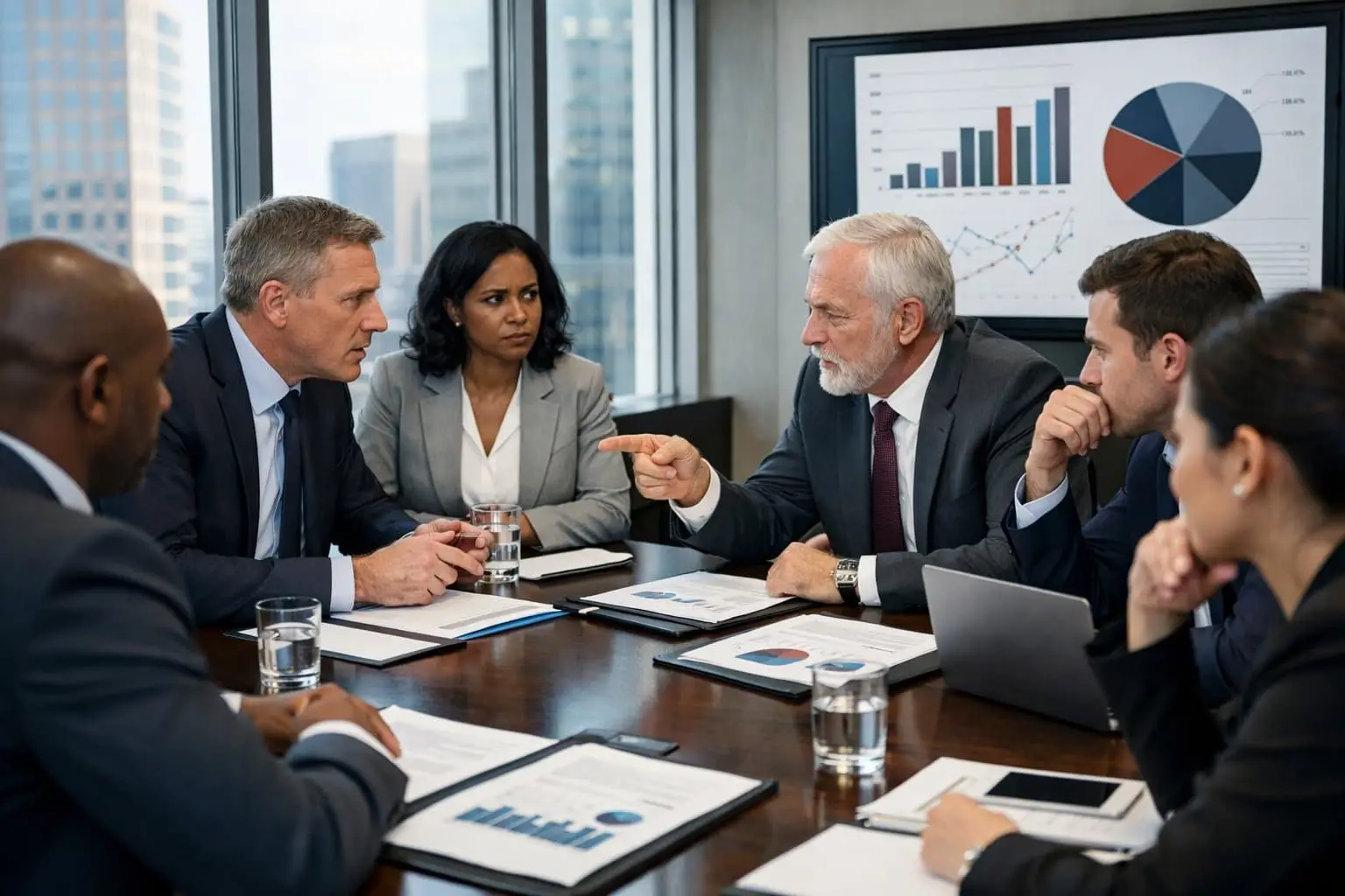 Conflict tussen aandeelhouders: stappenplan van waarschuwing tot Ondernemingskamer 3 Zakelijke vergadering met diverse professionals die in een moderne boardroom een serieus gesprek voeren.