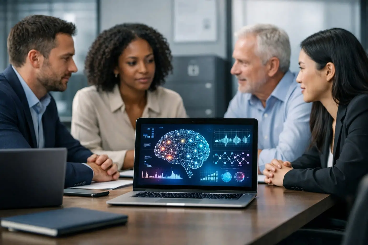 Een groep werknemers in een kantoor bespreekt samen rond een tafel met een laptop waarop AI-graphics te zien zijn.