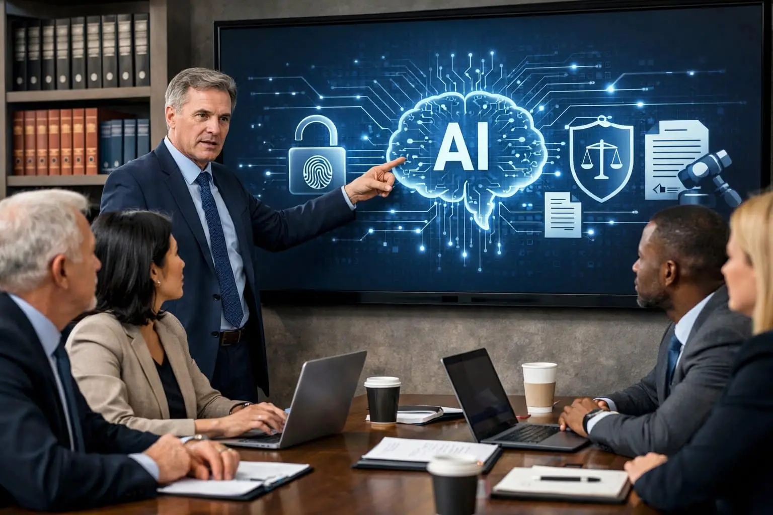 Een groep zakelijke professionals bespreekt AI-regelgeving en privacy in een moderne kantooromgeving rondom een vergadertafel.