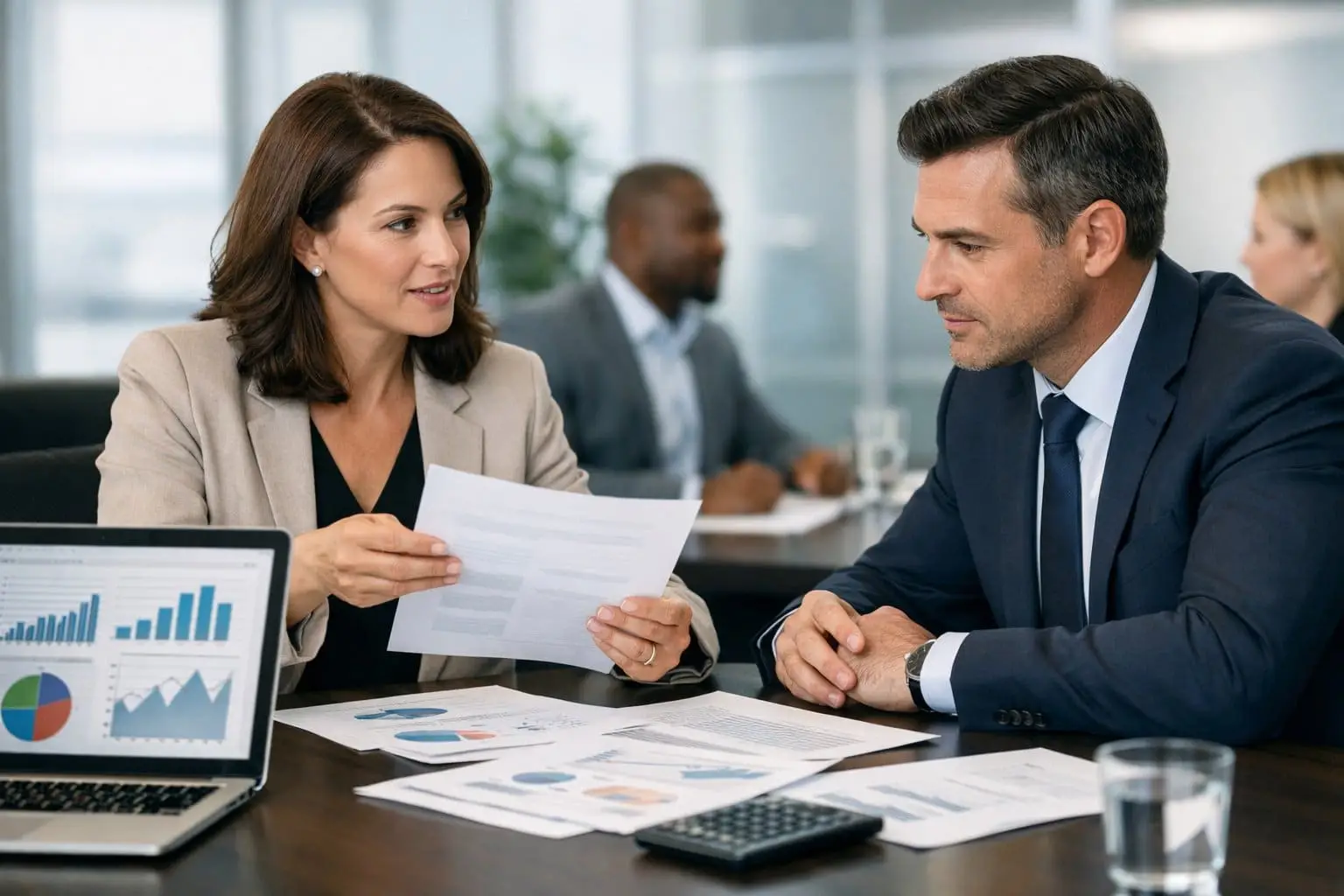 Een groep professionals bespreekt contracten en payroll in een moderne kantooromgeving.
