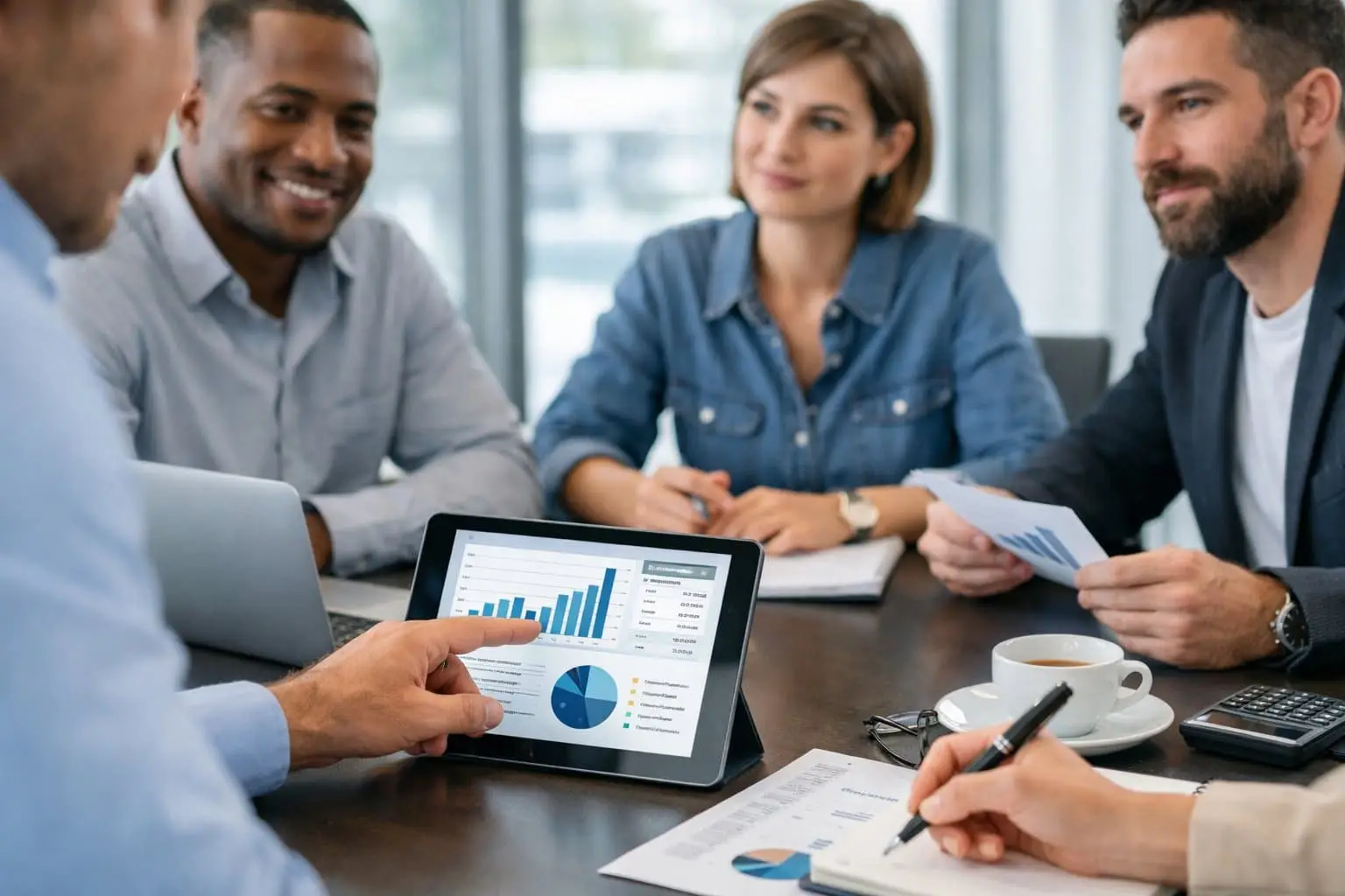 Een groep zakelijke professionals in een kantooromgeving die samen rond een tafel zitten en over contracten en payroll bespreken.