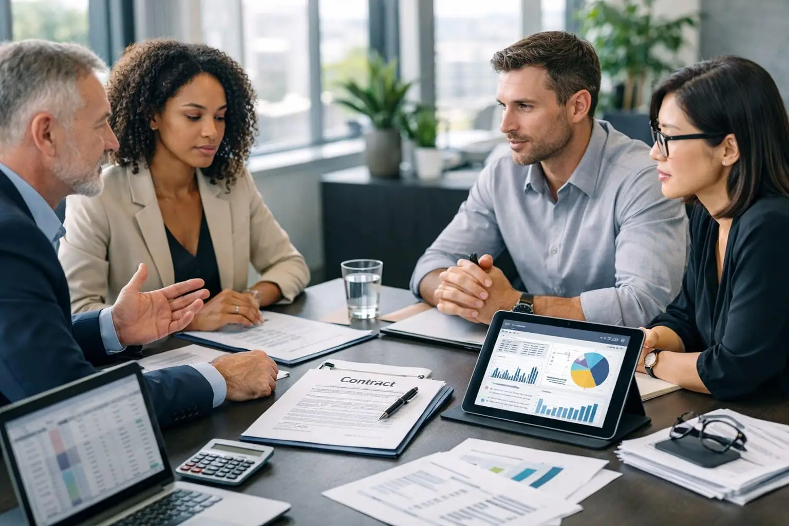 Een groep zakelijke professionals bespreekt contracten en financiële documenten rond een vergadertafel in een moderne kantoorruimte.