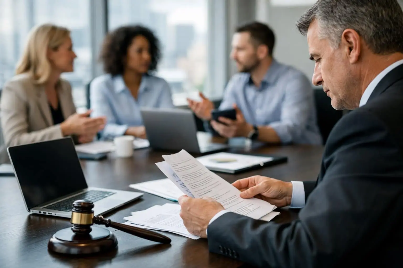 Een zakelijke vergadering in een kantoor met een jurist die documenten bekijkt en medewerkers die over werk praten.