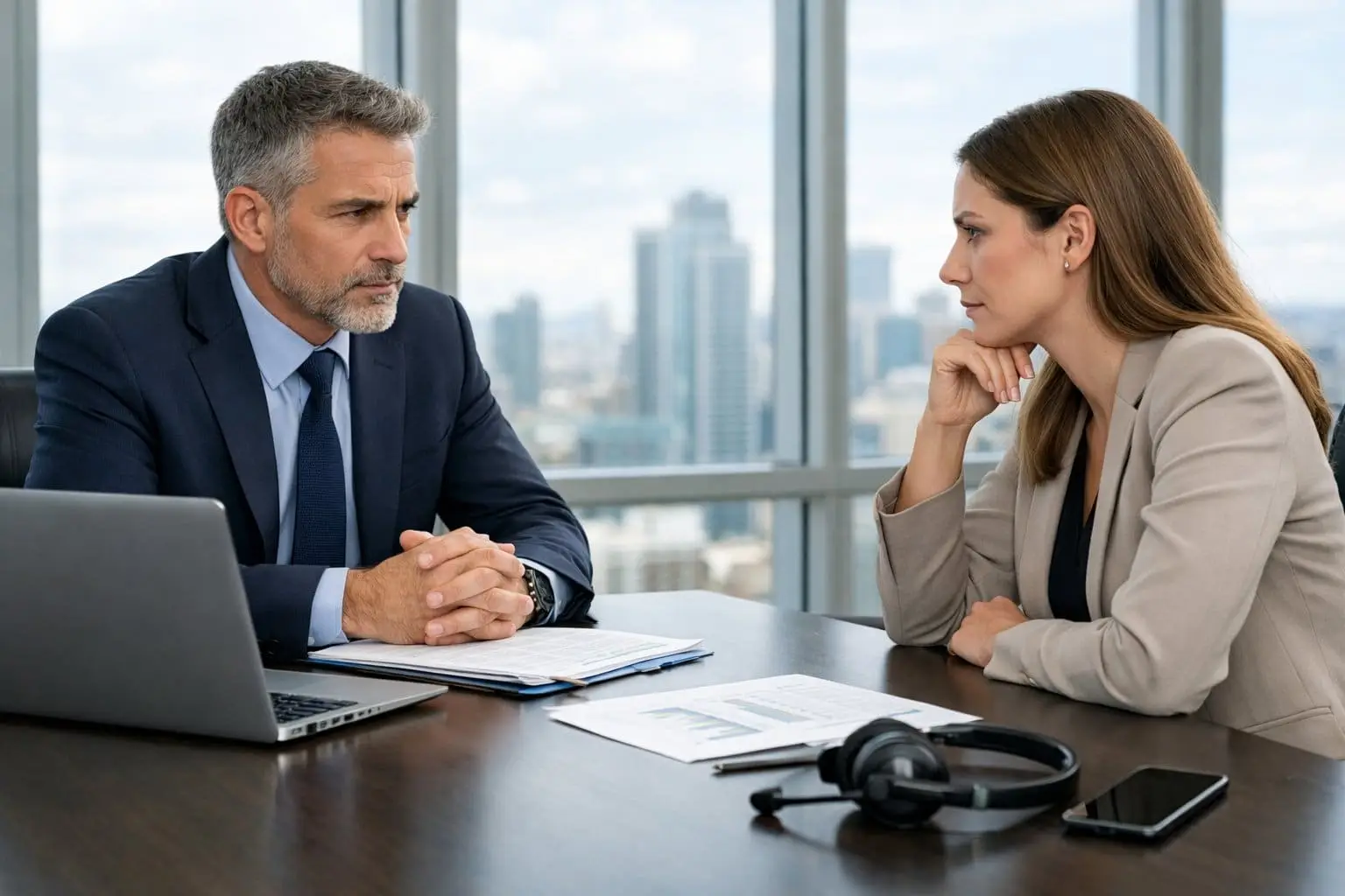 Een werkgever en werknemer zitten tegenover elkaar aan een vergadertafel in een kantoor, in gesprek over werkprestaties.