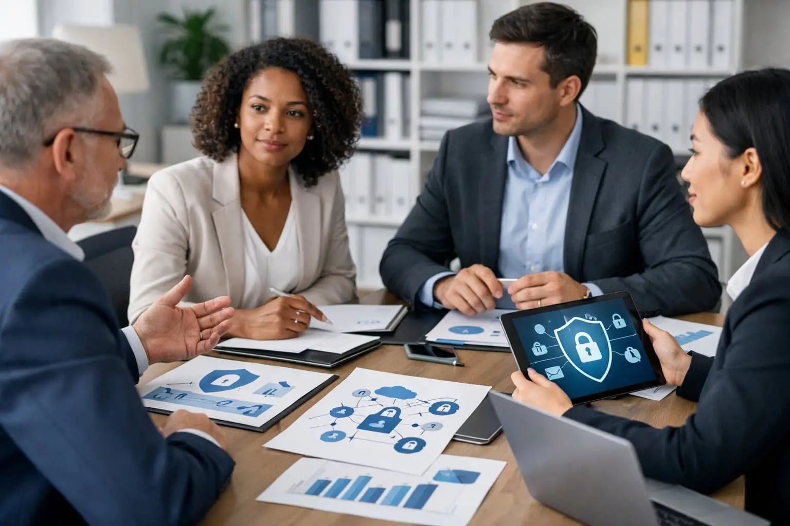 Zakelijke bijeenkomst van diverse professionals in een kantoor, die samenwerken aan gegevensbescherming en AVG-verplichtingen.
