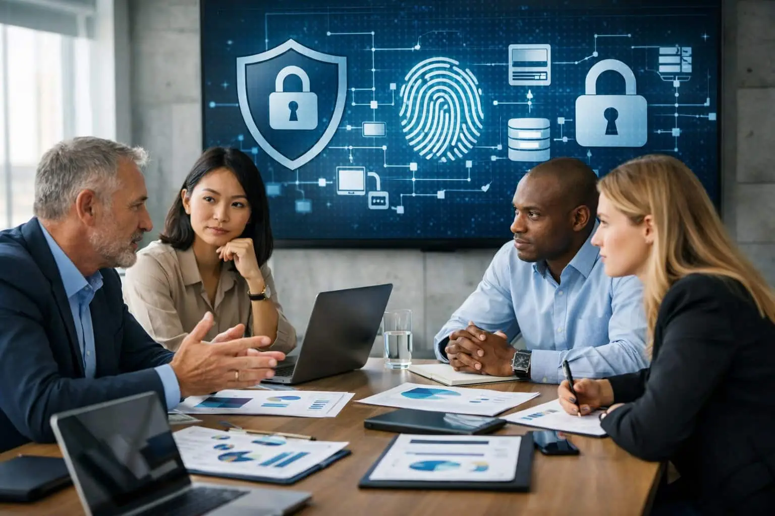 Een groep professionals in een kantoor bespreekt gegevensbescherming en AVG-verplichtingen rondom een tafel met laptops en documenten.