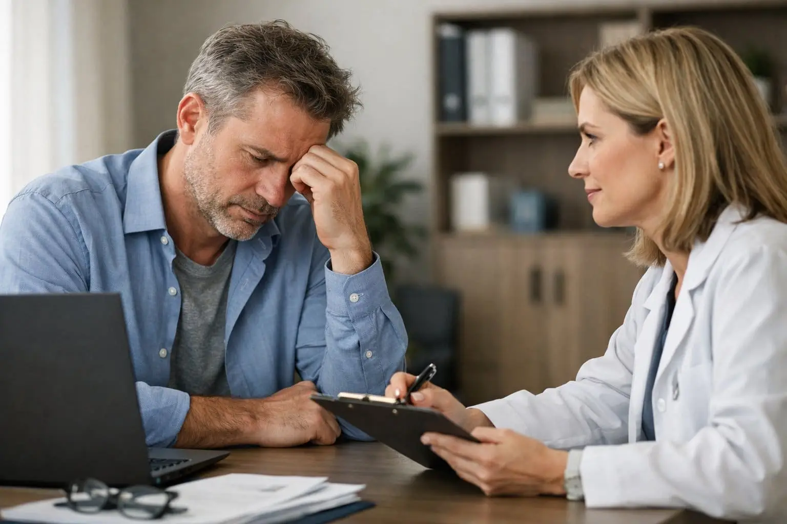Een man en een vrouw zitten tegenover elkaar in een kantoor, in gesprek over ziekte en burn-out.