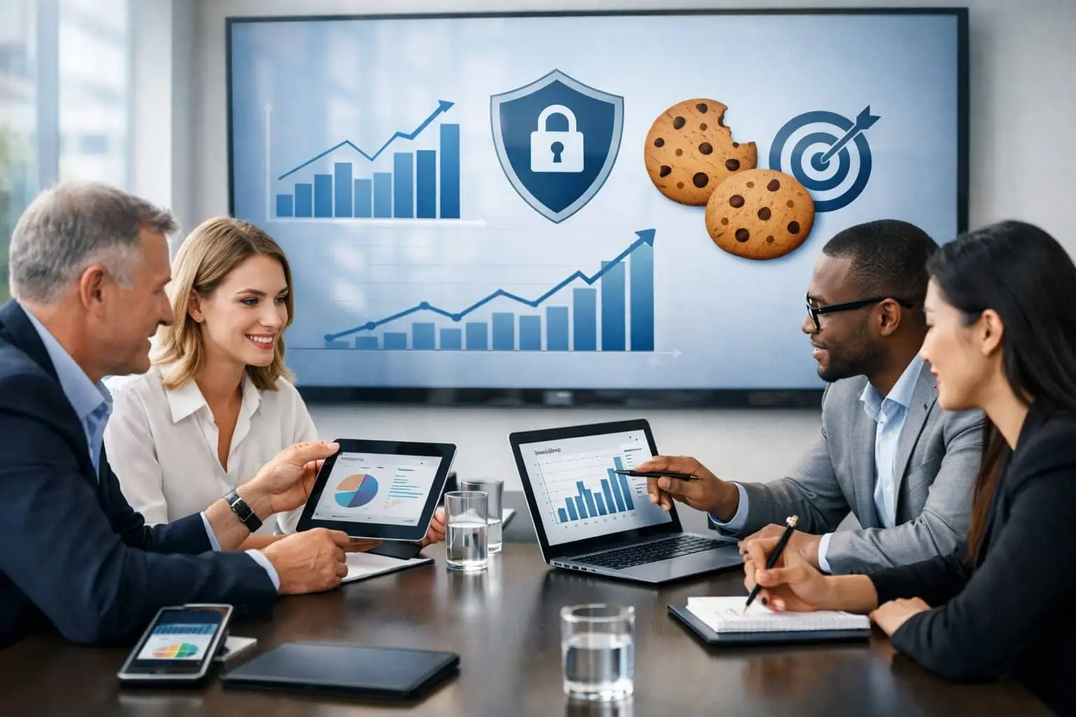 Een groep professionals werkt samen rond een tafel met laptops en tablets, met schermen die gegevens en beveiligingssymbolen tonen.