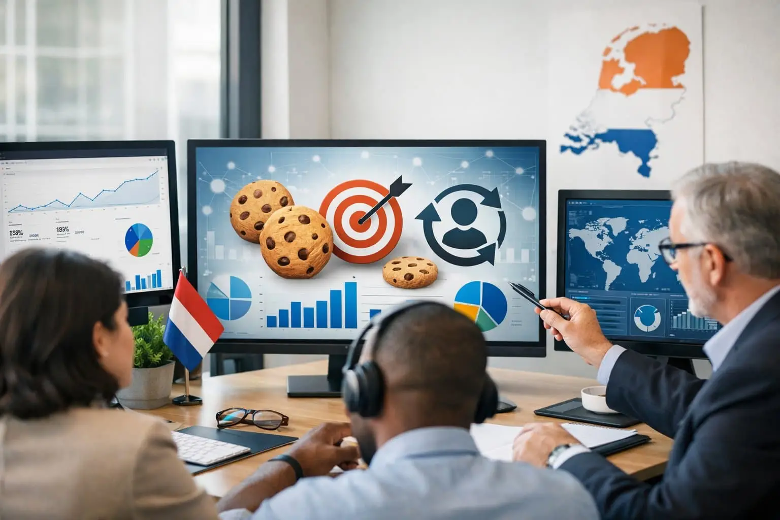Een groep professionals die in een kantooromgeving data en statistieken analyseert op computerschermen, met symbolen voor tracking cookies en online marketing, en een kaart van Nederland op de achtergrond.