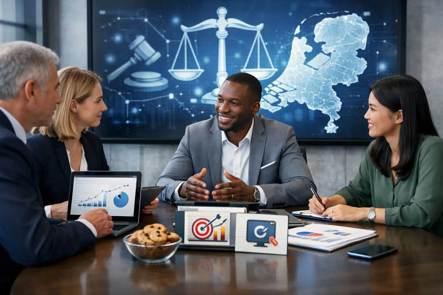 Een groep professionals werkt samen aan een tafel met laptops en documenten, met op de achtergrond een scherm met juridische symbolen en een kaart van Nederland.
