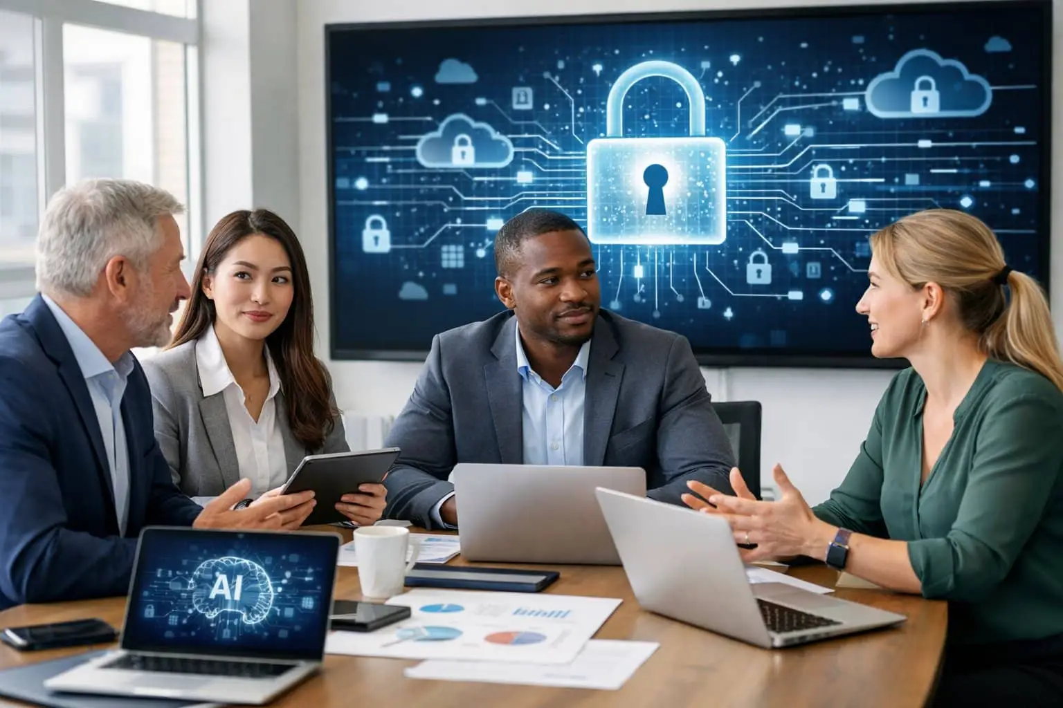 AVG en gebruik van AI in uw bedrijf: Zo voorkomt u dataklemmen 1 Een groep zakelijke professionals werkt samen in een moderne kantoorruimte met laptops en digitale schermen die databeveiliging en AI-gebruik tonen.