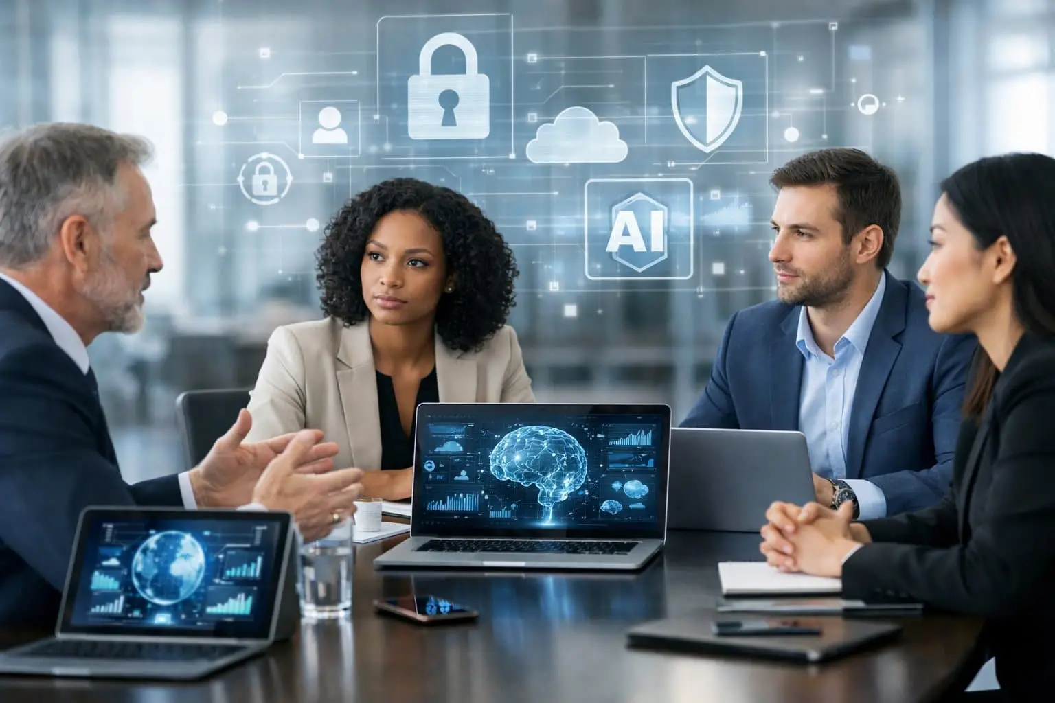 AVG en gebruik van AI in uw bedrijf: Zo voorkomt u dataklemmen 2 Een groep zakelijke professionals bespreekt gegevensbeveiliging en kunstmatige intelligentie in een moderne kantooromgeving.