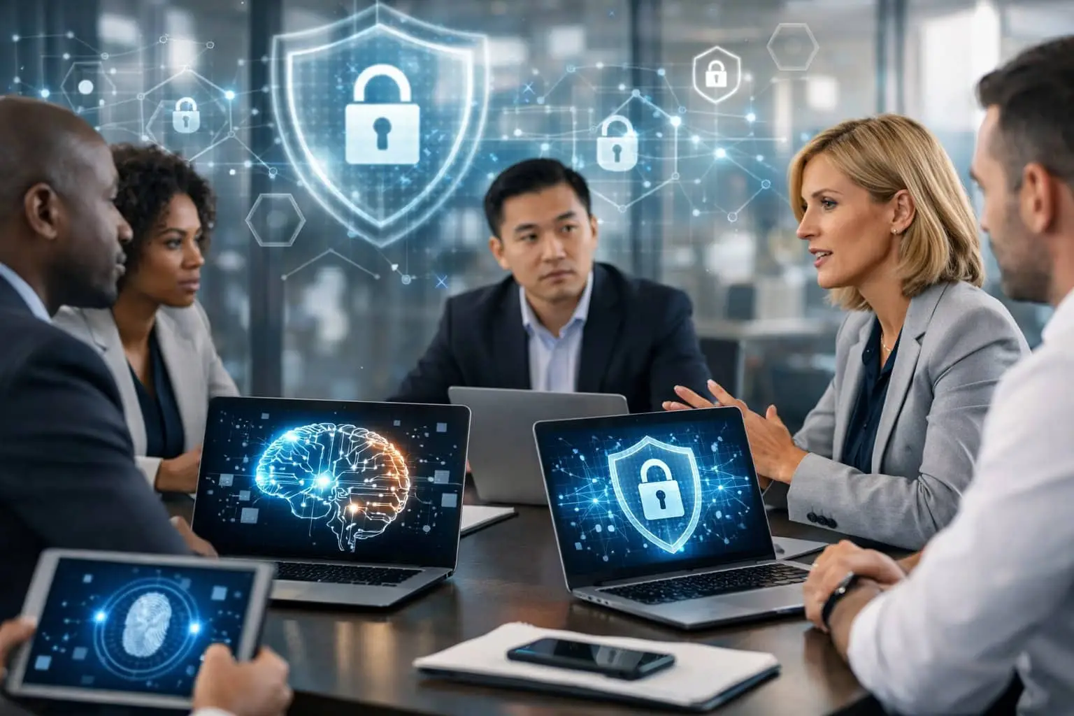 AVG en gebruik van AI in uw bedrijf: Zo voorkomt u dataklemmen 3 Een groep zakelijke professionals in een vergaderruimte die samenwerken met laptops en digitale grafieken over databeveiliging en kunstmatige intelligentie.