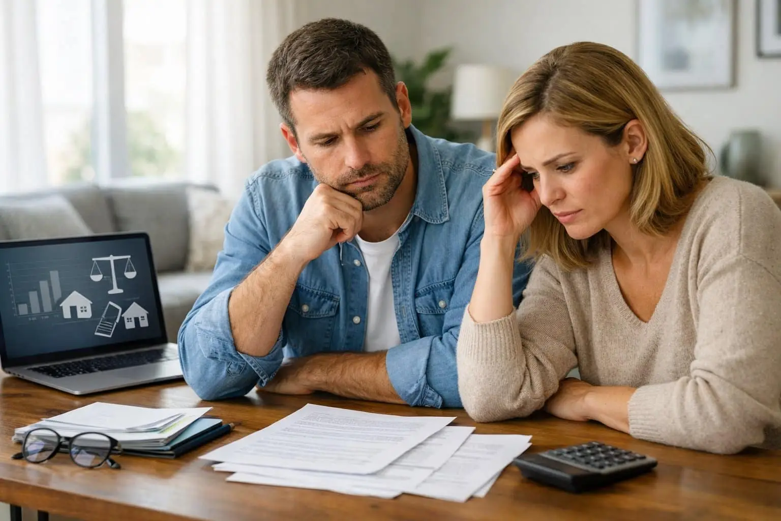 Een serieus kijkend stel dat aan een tafel zit en juridische documenten en financiële papieren bespreekt in een lichte woonkamer.