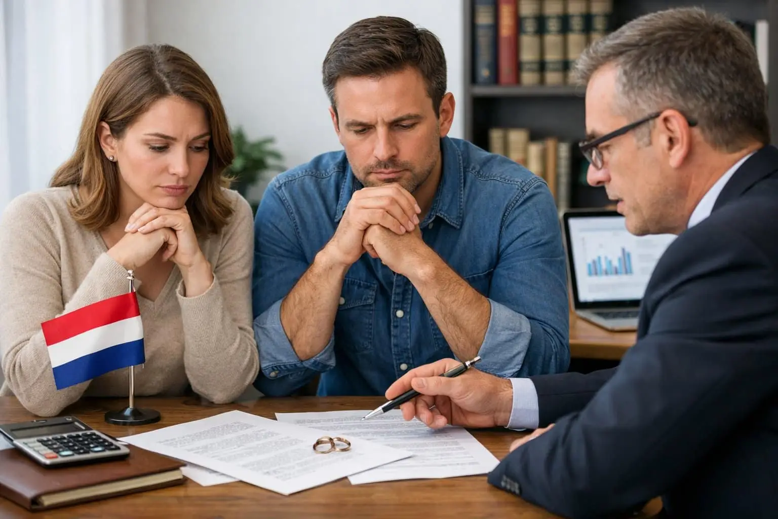 Een man en vrouw bespreken met een juridisch adviseur documenten aan een tafel in een kantooromgeving.