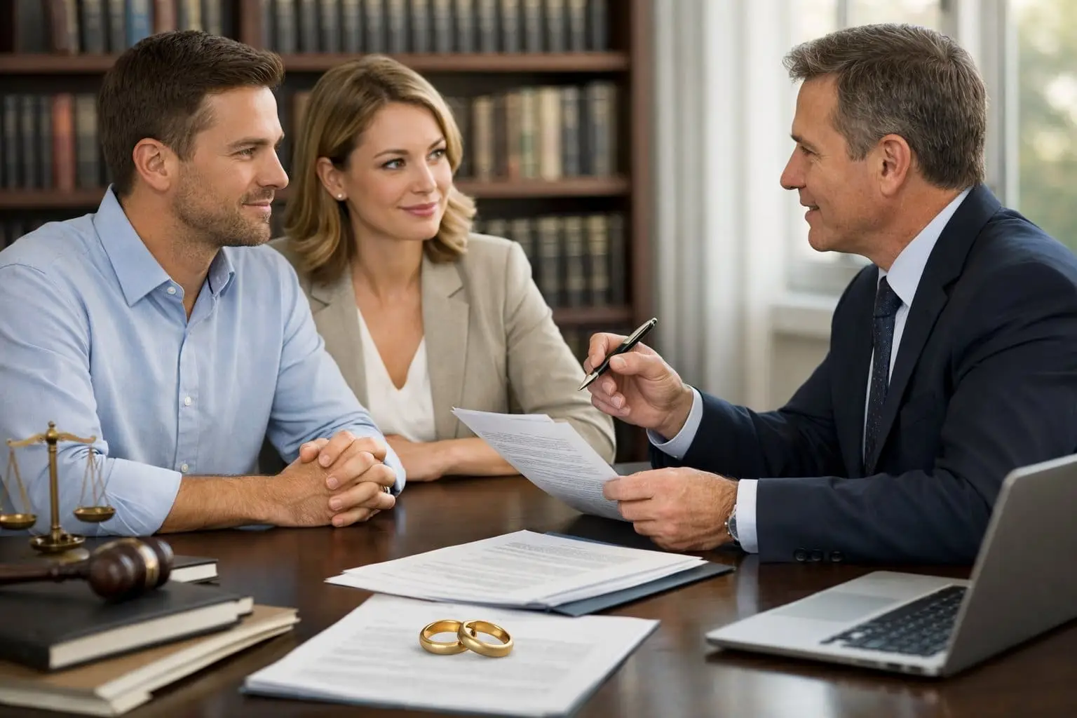 Samenlevingscontract versus huwelijk: juridische verschillen duidelijk uitgelegd 1 Een stel in gesprek met een advocaat aan een bureau, met documenten en trouwringen op tafel, in een kantooromgeving.