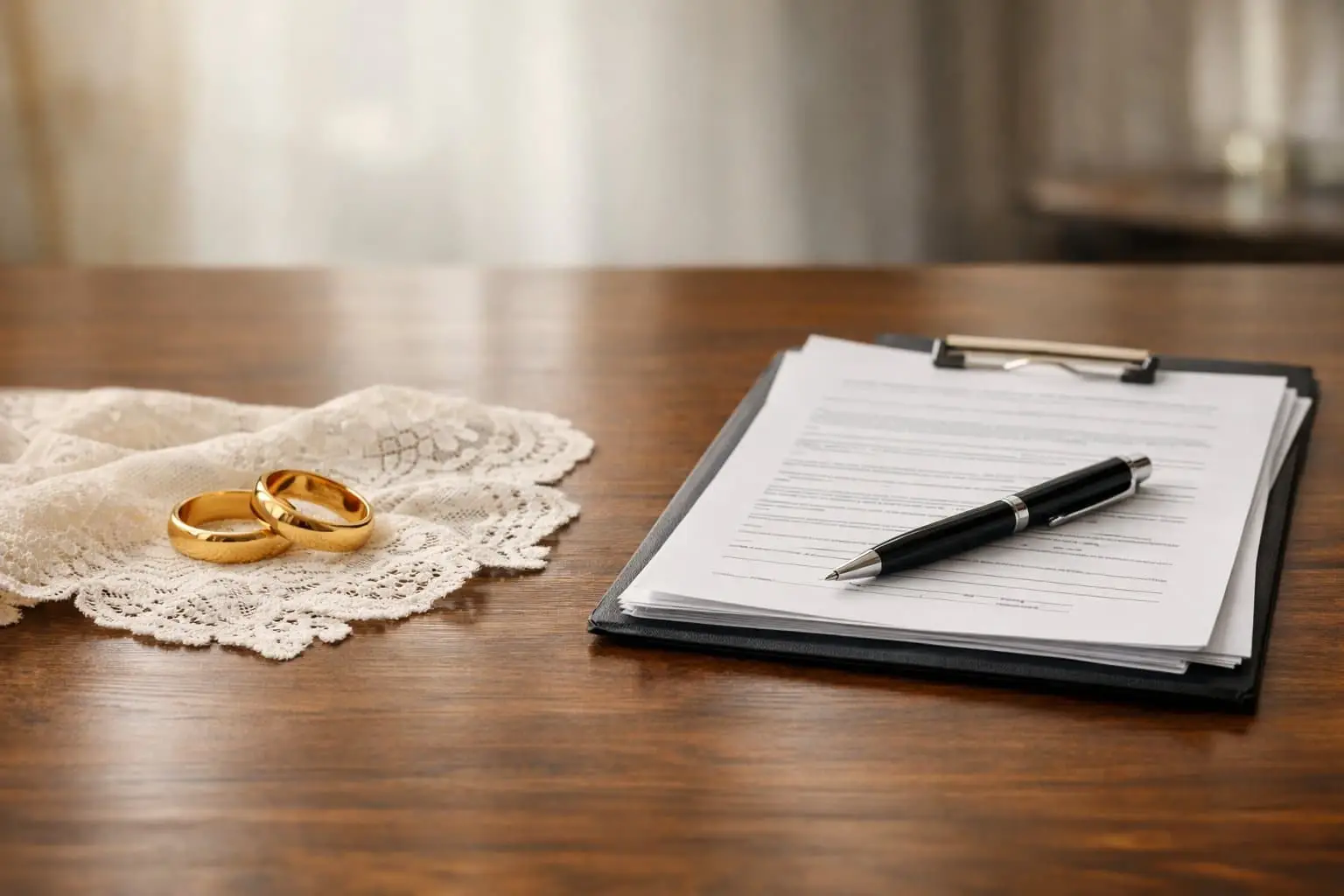 Samenlevingscontract versus huwelijk: juridische verschillen duidelijk uitgelegd 2 Een tafel met aan de ene kant trouwringen op kant en aan de andere kant documenten met een pen, die het juridische verschil tussen samenlevingscontract en huwelijk symboliseren.