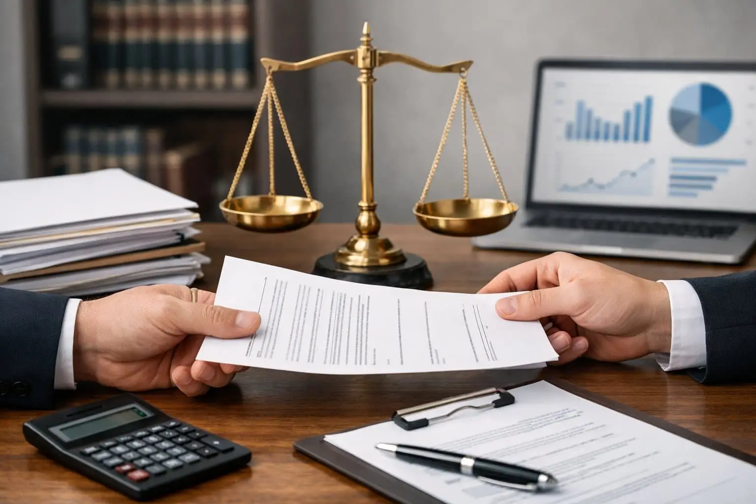Samenlevingscontract versus huwelijk: juridische verschillen duidelijk uitgelegd 3 Twee handen wisselen een contract uit op een bureau met een weegschaal, documenten en een rekenmachine in een kantooromgeving.
