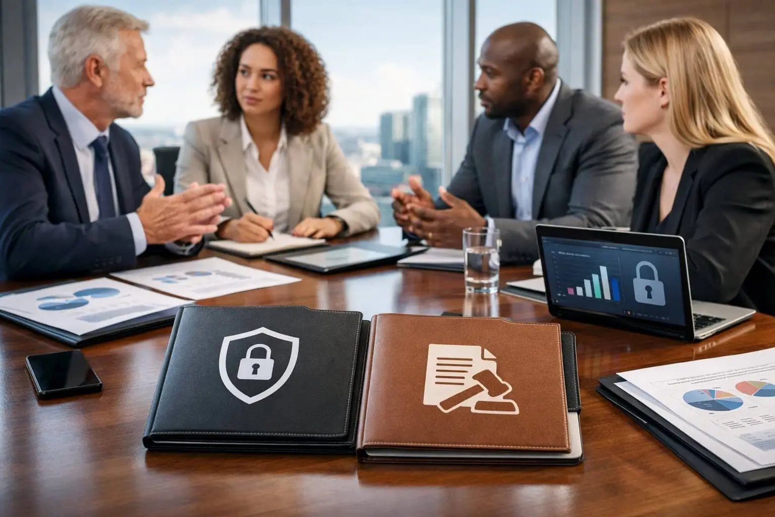 Hoe lang mag u klantgegevens bewaren? Praktische bewaartermijnen volgens Nederlandse wetgeving 2 Een groep professionals bespreekt klantgegevens en privacyregels aan een vergadertafel in een kantoor.