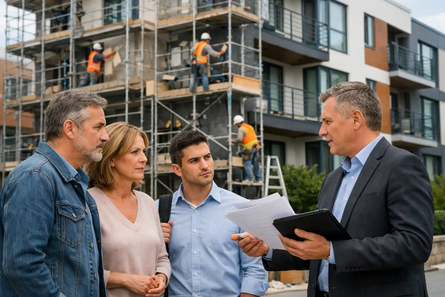 Buitenaanzicht van een modern appartementencomplex met bouwvakkers aan het werk en huurders die met een verhuurder overleggen.