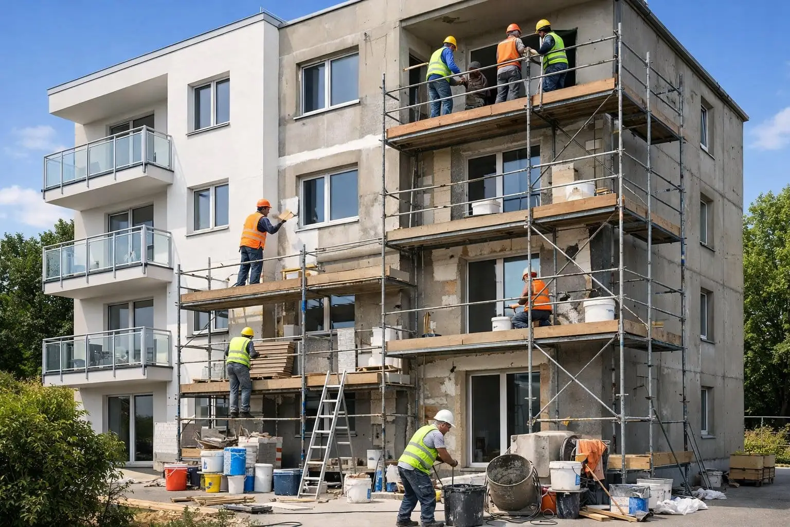 Bouwvakkers die een appartementencomplex renoveren met steigers en bouwmateriaal rondom het gebouw.
