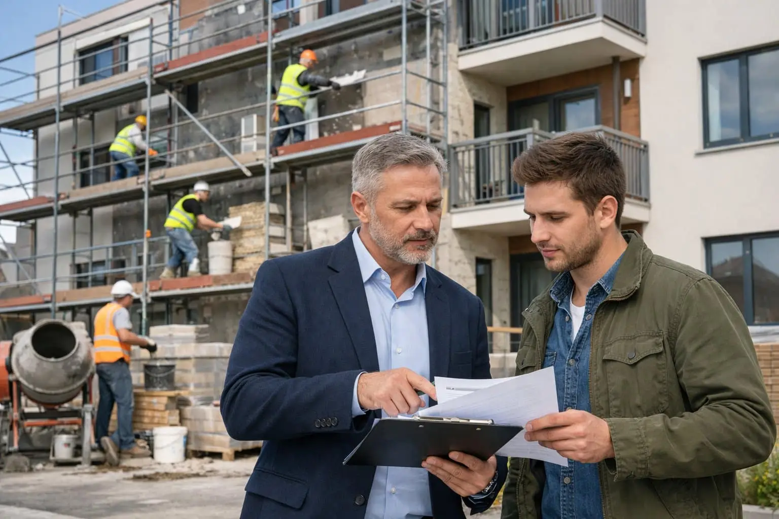 Een verhuurder en huurder bespreken documenten voor een gebouw met renovatiewerkzaamheden.