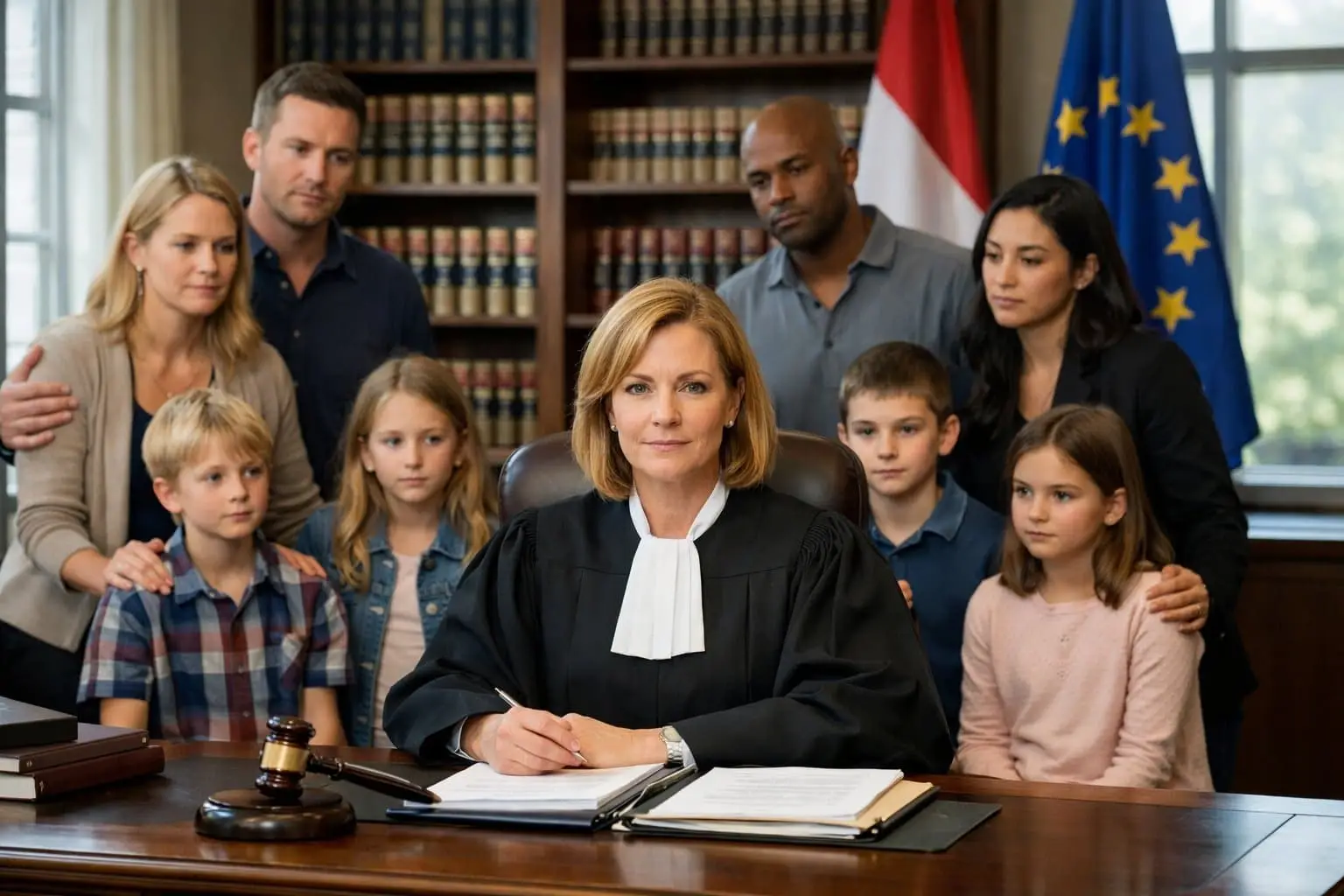 Een rechter zit aan een bureau in een rechtszaal met Nederlandse kinderen en volwassenen rondom haar.